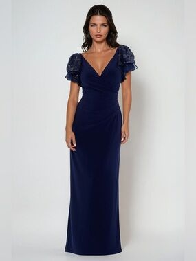 Betsy & Adam Size 20W NWT Navy Sequin Short Sleeve Formal Evening Gown GALA MOB